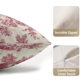 Christmas French Country Pillow Covers Set of 2 12x20 Inch Vintage Toile Red Cotton Linen Polyester Decorative Throw Pillow Case Cushion Cover for Bedroom Sofa Living Room Couch Chair Office