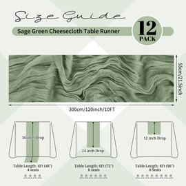 12 Pack Sage Green Cheesecloth Table Runner 120 inch Fall Thanksgiving Boho Rustic Gauze Farmhouse 10FT Cheese Cloth Runner for Baby Shower Wedding Party Holiday Home Decor