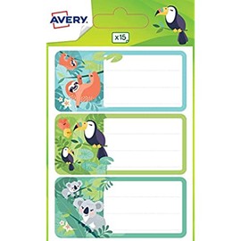 AVERY - 15 Labels for Notebook and School Supplies Fantasy Jungle Sloth, Toucan and Koala - Size 76 x 34 mm
