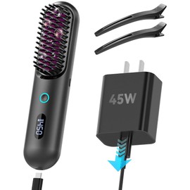 Upgrade Cordless Hair Straightener Brush, Portable Straightening Brush for Travel with 45W Fast Charger, Heated Straightener Comb with Anion for Women, Anti-Scald Design Suitable for Thick, Thin Hair