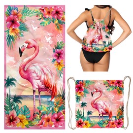 GAIIIIYOU Summer Pink Beach Towel Backpack Bird Printed Drawstring Bag for Women Holiday Travel Picnic