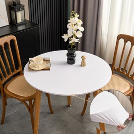 Small Fitted Round White Tablecloth with Elastic 36 Inch Outdoor Patio Table Cover Spandex Stretchy Solid Color Fabric Coffee Table Cloth for Party Wrinkle Free Non Slip