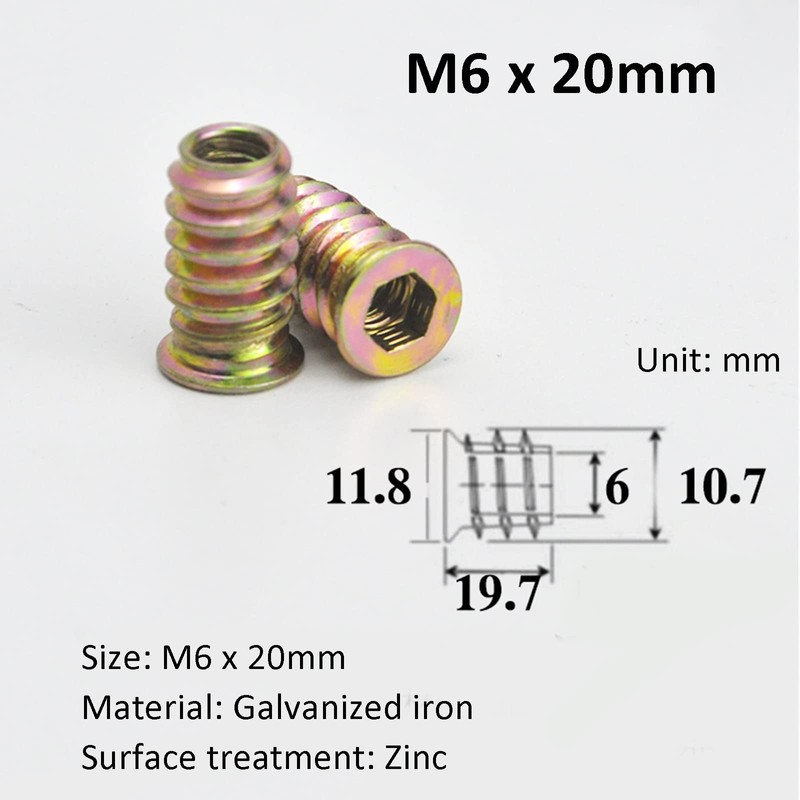 AcbbMNS 30Pcs M6 x 20mm Threaded Inserts Nuts Furniture Screw