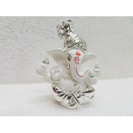Gold Art India Ceramic Pagdi Ganesha Idol, 6x4x3cm, Silver