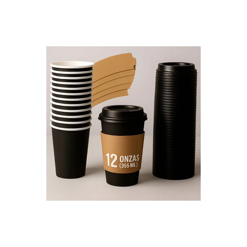 50 Vasos Desechables 12oz Para Café Kit Con Tapas Y