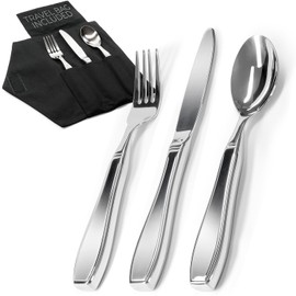 Weighted Utensils for Hand Tremors and Parkinson's Patients - 3 Piece Set Weighted Silverware for Elderly, Arthritis, Weak Hand Grip - Convenient Travel Bag, Stainless Steel, 7 Oz