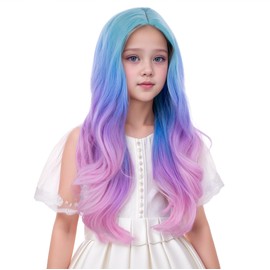 Edivd Rainbow Wig for Kids Girls Long Colorful Wavy Curly Wig Children Multi Color Middle Part Wigs Heat Resistant Synthetic Wigs with Cap