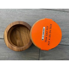 LE CREUSET TEAK SALT POT CROCK, 4" ROUND, SWIVEL LID, NWT