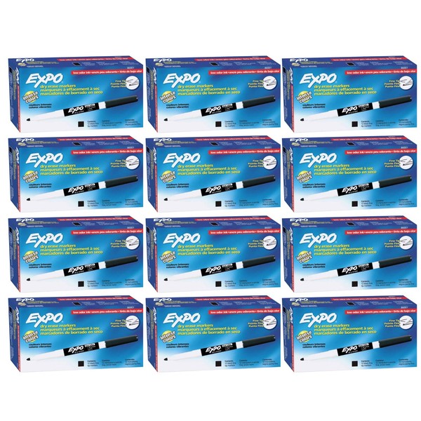 Expo 86001 Low Odor Dry Erase Marker, Black; Fine Tip, Quick-Drying Ink, 12 Packs of 12 Markers, 144 Markers Total.