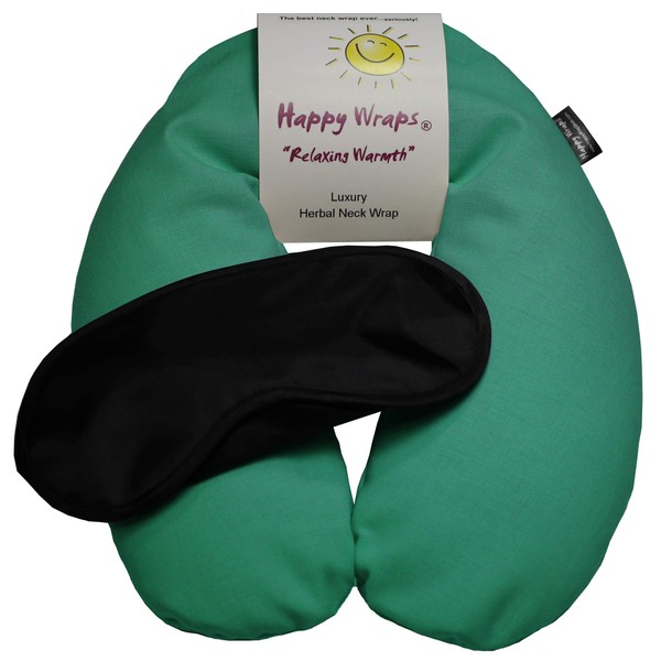Happy Wraps Microwavable Herbal Neck Wrap - Hot Cold Aromatherapy Neck Warming Pillow - Heating Pad for Migraines, Stress, Gifts for Women, Birthdays, Christmas and Free Sleep Mask - Green