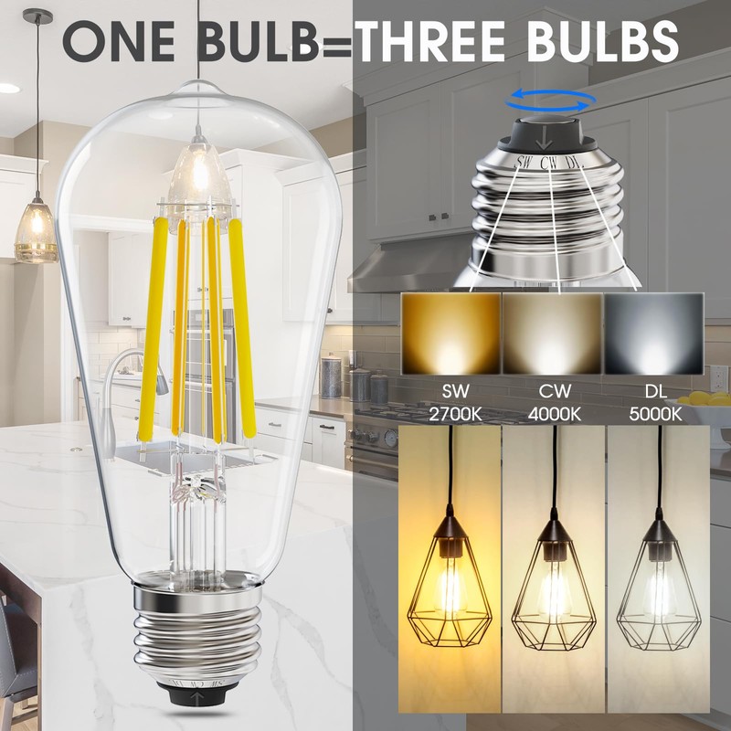 E ENERGETIC LIGHTING ST58/ST18, LED Filament Light Bulbs, 3CCT, 2700K/4000K/5000K,High