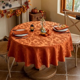 Joyfol Day Fall Thanksgiving Tablecloth, Jacquard Fabric Autumn Round Table Cloth, Countryside Leaves Waterproof Kitchen Dining Harvest Holiday Table Cover (70 Inch Round, Rust/Burnt Orange)