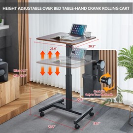 BeGyoku Overbed Table,Height Adjustable Overbed Bedside Table with Wheels&Cup Holder,Portable Mobile Standing Desk&Laptop Cart,Hand Crank Sit Stand Desk,Computer Workstation for Home Office Classroom Hospital