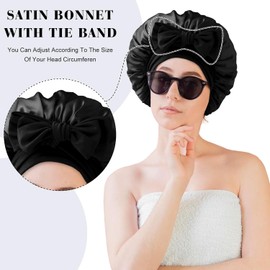 Silk Sleep Bonnets for Women, 1PC Adjustable Satin Night Sleeping Cap Soft Elastic Band Silk Bonnets for Sleeping, Hair Bonnet with Tie Band for Curly Hair Braid Women (AU, Alpha, One Size, Black)