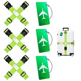 Pack of 6 Luggage Straps with Address Label + 3 Luggage Tags with Address Label, Suitcase Strap, Suitcase Strap, Suitcase Strap, Cross Strap (6 Green)