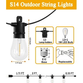 Meidaoduo String Lights for Outside Patio 26FT IP65 Waterproof Outdoor String Lights Led with 13+1 S14 1W Shatterproof Bulbs for Patio Bistro Backyard Pergola Balcony Garden