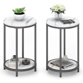 WiberWi Round Side Table Set of 2, Modern Nightstand End Table with Metal Frame &Faux Marble Top, Accent Bedside Table for Living Room Bedroom Small Spaces with Storage Open Shelf,White