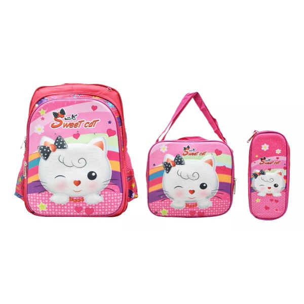 Lluvia Mochila Lonchera Lapicera Gatito Sweet Cat 3d Rosa Primaria