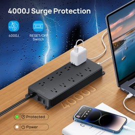 TROND Power Strip Surge Protector, 4000J, ETL Listed, 10 Widely Spaced Outlets with 2 USB A and 2 USB C, Flat Plug 5ft Extension Cord, Wall Mountable, 14AWG Heavy Duty, for Home Office Garage, Black