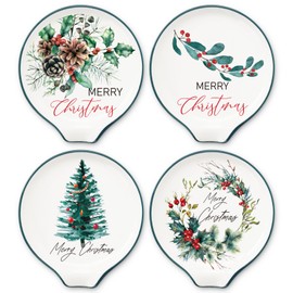 JarThenaAMCS 4Pcs 4.7inch Merry Christmas Spoon Rest Watercolor Xmas Tree Plant Small Coffee Spoon Holder for Winter Xmas Coffee Stirrers Teaspoon Bar Coffee Station Accessories