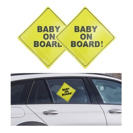 ZNDAW 2 PCS Baby On Board Sticker Sign, 5" by 5" Strong Adhesive Bright Yellow Car Baby Safety Decal, See-Through When Reversing Safety Signs for Rear, Side Windows, Bumpers (Style 2)
