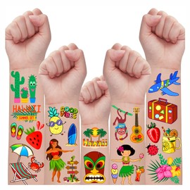 Partywind 295 Styles Hawaiian Tattoos for Kids Party Decorations, Hawaiian Luau Tattoo Stickers for Pool/Beach/Tropical Party Supplies Favors, Flamingo Pineapple Tattoo Stickers for Summer Party