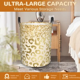 Gold Leopard Print Laundry Basket,Sequins Glitter Foldable Laundry Hamper Waterproof Oxford Cloth Tote Bag,Clothes Storage Bucket Decorative Toy Organizer For Bathroom Bedroom 16" x 20"