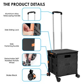 SELORSS Foldable Utility Cart Portable Collapsible Crate Rolling Carts with Wheels Rolling Tote Basket Teacher Cart with Lid Wear-Resistant 360°Rotate Wheel Noiseless for Shopping Storage Office Use