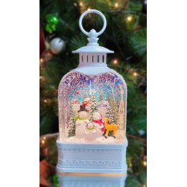 MOMENTS IN TIME 9.5“H Acrylic LED Lantern with Snowman Family - LED Lights, Water Spinning Glitter, Battery Operated - Hand-Painted Polyresin