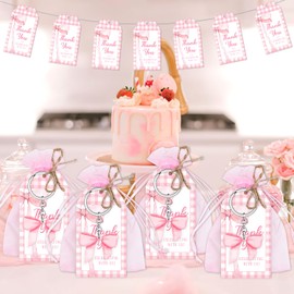 Pink Bow Themed Party Decorations Pink Checkered Bow Thank You Tags Keychains Gift Bags Coquette Birthday Party Favors for Girls Baby Shower Bridal Shower Bachelorette Party Supplies