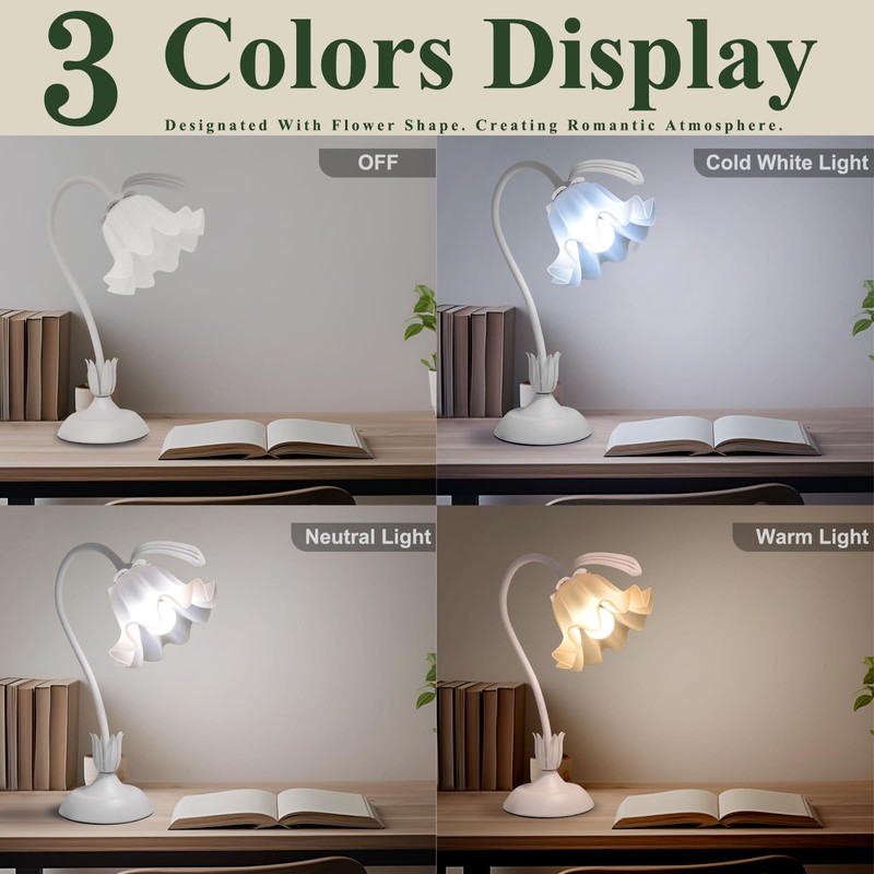 GUIGUZHJ Flower Table Lamp, 3 Level Brightness Led Reading Light