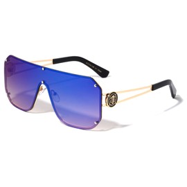 Kleo Regent - Rimless Studded Flat Top Side Coin Lion Head Medallion Shield Hip Hop Sunglasses (Blue Gold)