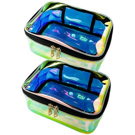 Holographic Clear Cosmetic Bags 2 pcs Transparent Iridescent Makeup Pouch Waterproof Organizer Case-Holographic Blue