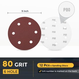 HARFINGTON 12 Pcs 9 Inch Sanding Disc 6 Hole 80 Grit Hook and Loop Sandpaper Random Orbital Sander Pads for Woodworking Automotive Metal Polishing