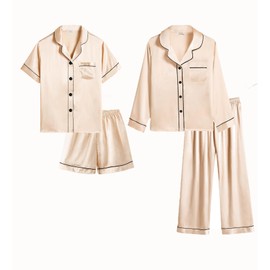 SWOMOG Kids Satin Pyjamas Girls Boys 4 Pieces Long Sleeve Silk PJs Sets Button-Down Silky Nightwear Children Sleepwear Champagne