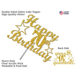 Decoración para tartas de cumpleaños de 70 años con purpurina dorada, ideas de decoración de fiesta, calidad premium, resistente purpurina de doble cara, palo de acrílico. Fabricado en Estados Unidos (70)