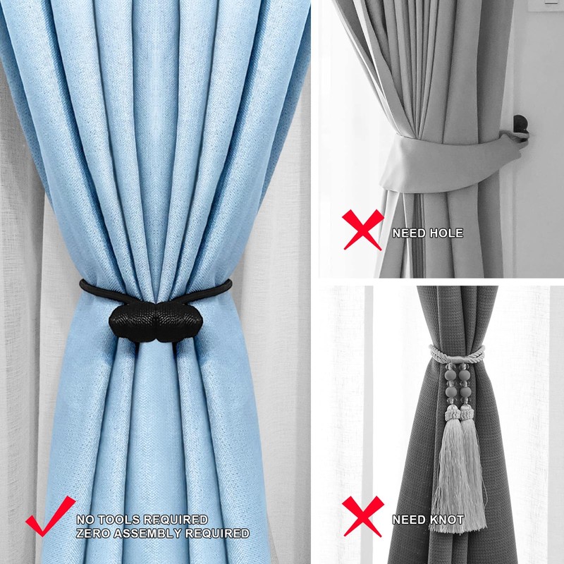 Tifanso Black Magnetic Curtain Tiebacks - 4pcs Curtain Tie Backs