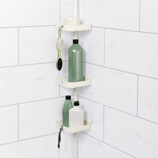 Zenna Home Tension Pole Shower Caddy, 3 Basket Shelves, Adjustable, 60 to 97 Inch, White