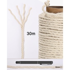 Sisal Rope for Scratching Post 6 mm (30 Metres) Natural White Sisal Rope Multi-Purpose Rope Sisal for Cats Scratching Post Cat Scratching Post Replacement and Accessories for Cats, Household,