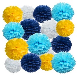 AWELL Blue Yellow White and Navy Blue Paper Pom Poms Tissue Flower for Birthday Wedding Graduation Eid Ramadan Party Decoration, 16 Counts