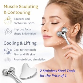Stainless Steel 3D Face Roller Metal Facial Massager Face Sculpting Gua Sha Facial Tools for Eye Skin Care Reducing Puffiness Double Chin Reducer Faci