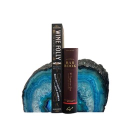 AMOYSTONE Teal Agate Geode Bookends, Unique Natural Crystal Book Holder 2-3 LBS with Rubber Bumpers, Sujetalibros for Small Books and Kitchen Cookbooks, Stylish and Functional