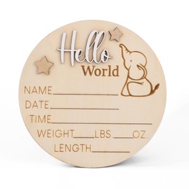 Hello World Elephant Birth Announcement Sign – Wooden Baby Name Plaque with 3D Lettering – Newborn Stat Sign – Baby Shower & Photo Prop