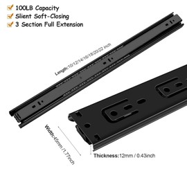 18 inch Drawer Slides 6 Pairs (12pcs) Full Extension Ball Bearing Drawer Rails Side Mount 3 fold Metal Dresser Runners for File Cabinet Trash Can Kitchen Wardrobe Glides 18" Black 100 LB Capacity