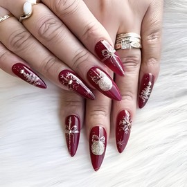 24 PCS Christmas Press on Nails Short Almond - ZWENJIE Winter Red Glitter French Fake Nails Full Cover Artificial Acrylic False Nail Xmas Tree Gift Box Snowflake Designs Xmas Holiday Glue on Nails Kit