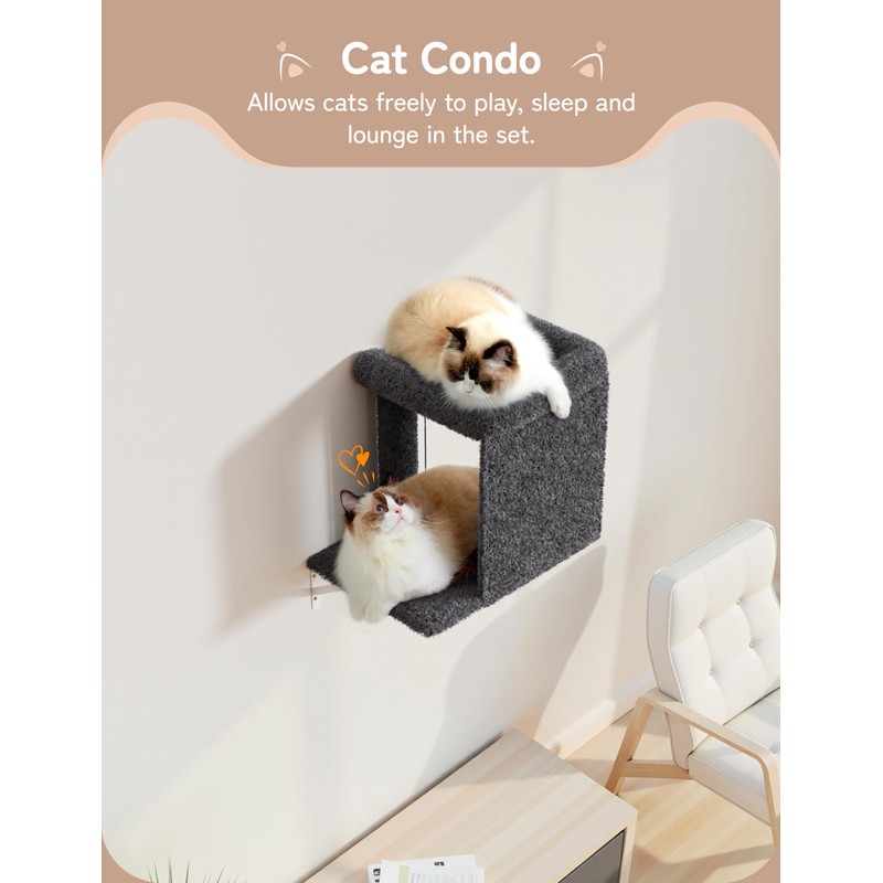 5-in-1 Cat Wall Shelves, Solid Wood & Velvet & Sisal
