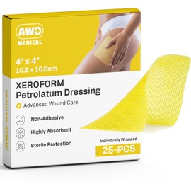 AWD Medical 4"x4" Xeroform Petrolatum Dressing, Non-Adherent Sterile Mesh Gauze for Burns, Skin Grafts, Surgical Wounds & Lacerations, Individually Wrapped (25 Count)