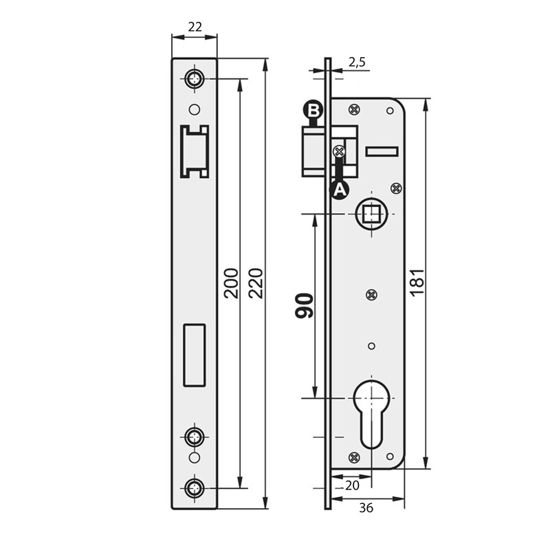 Mortise Lock, Tubular Frame Lock 90/20, Left/Right with Counter Plate,