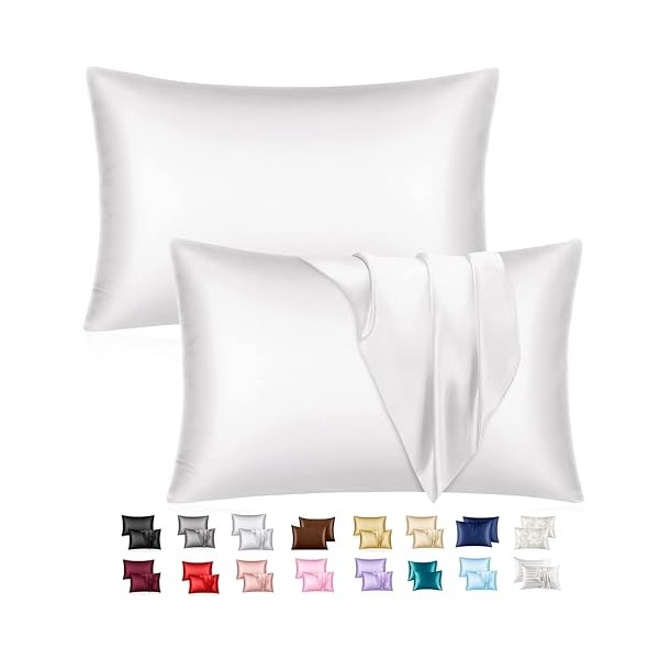 Mulberry Satin Silk Pillowcase for Hair and Skin - Soft Breathable Smooth Both Sided Silk Pillow Cover Pair - Standard Size 50x75cm, 2pc (Standard (50cm x 75cm), White, 2)