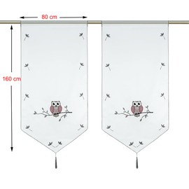 HeichkelL Voile Net Curtains, Owl Pattern, Transparent Embroidered Bistro Curtain with Tassel, Window Curtains, Drawstring, Panneaux, Short Curtains, Grey, W x H 80 x 160 cm, Pack of 2